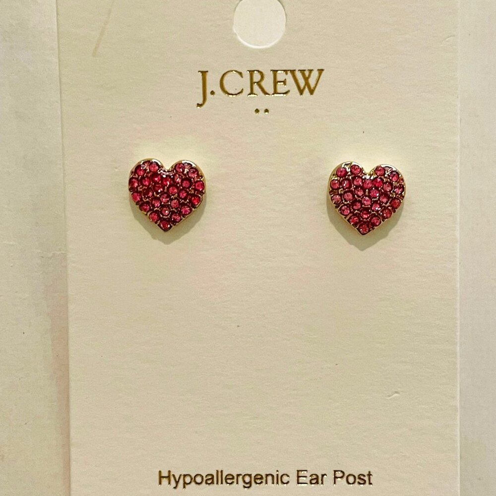 J. Crew Pavé heart studs, resort pink, gold plated